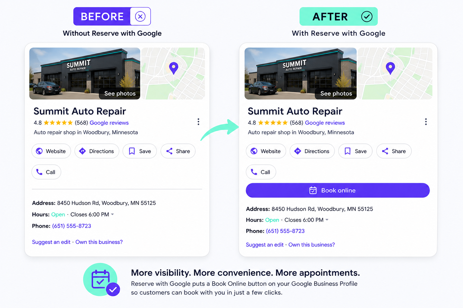 Before and after Reserve with Google on Google Search — the After view shows a Book Online button added to the shop's Google listing