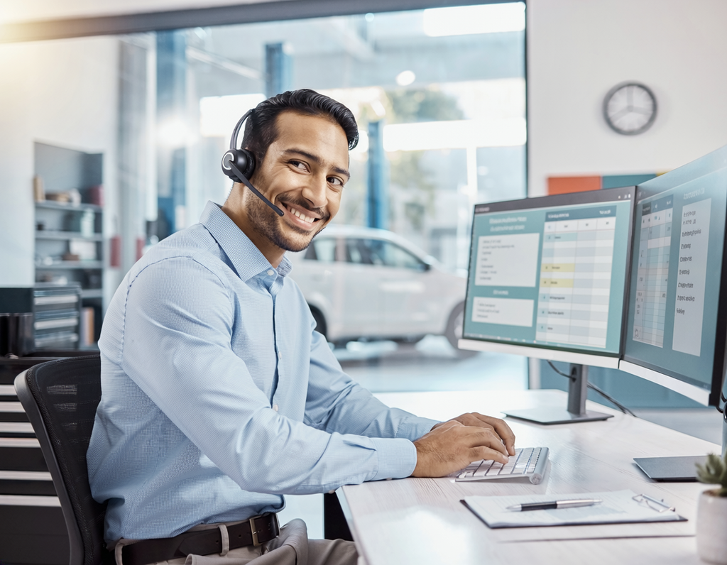 Automotive service advisor speaking with a customer on a phone headset while recording notes in customer management software.