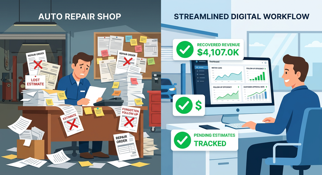 Auto repair shop workflow showing lost paper estimates transformed into a digital dashboard tracking recovered revenue and pending estimates.