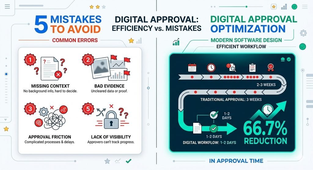 • A clean vector infographic titled "Digital Approval: Efficiency vs. Mistakes." The left panel shows "5 Mistakes to Avoid" under "Common Errors," featuring four numbered red badge icons detailing workflow pitfalls: Missing Context, Bad Evidence, Approval Friction, and Lack of Visibility. The right panel shows "Digital Approval Optimization" in a modern software interface aesthetic, displaying a timeline diagram that contrasts a winding traditional approval route (2-3 weeks) with a direct, glowing teal digital workflow arrow (1-2 days), highlighted by a large "66.7% Reduction in Approval Time" text block.