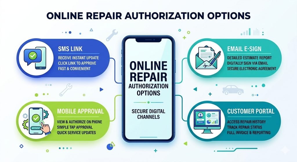 A clean vector infographic titled "Online Repair Authorization Options" featuring a large central smartphone displaying "Secure Digital Channels." Four colorful information blocks branch outward: a blue block for "SMS Link" with a speech bubble icon, a lime green block for "Mobile Approval" with a phone and hand icon, a teal block for "Email E-Sign" with an envelope and signature pen icon, and a dark teal block for "Customer Portal" with a desktop monitor icon. Each block includes bullet points describing the channel's features.